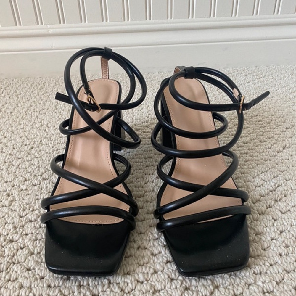 H&M Black Strappy Heels with Modern Square Toe